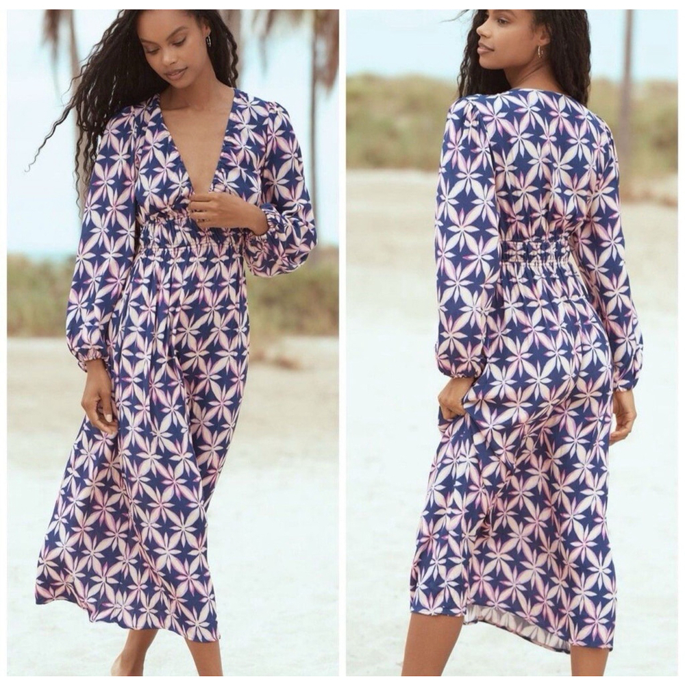 Electric & Rose NWT Melody Printed Maxi Dress Dark Indigo L/S Boho V Neck MED